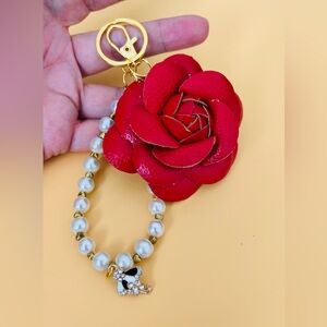 Red Floral Pearl Keychain Purse Charm